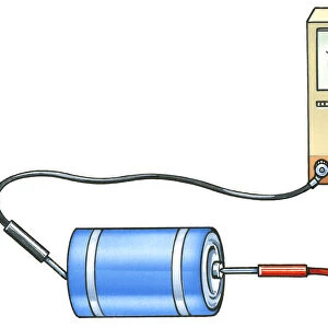 Illustration of voltmeter attached to battery, showing electromotive force on dial