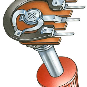 Illustration of volume control knob of radio showing metal contact sliding along carbon track
