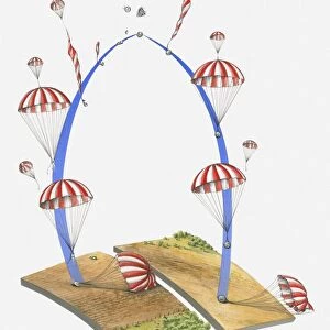 Illustration of Vostok 1 astronaut and space capsule landing by parachute