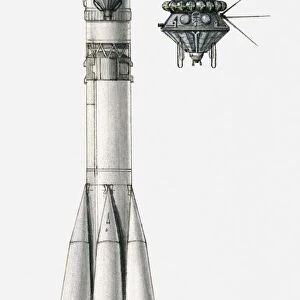 Illustration of Vostok A1 launcher and capsule