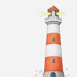 Illustration of waves splashing against a lighthouse