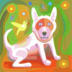 Illustration of a White Dog with green background