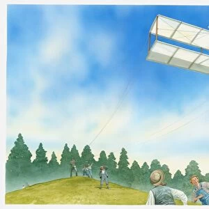 Illustration of Wilbur Wright flying a large biplane kite