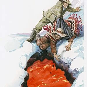 Illustration of Wilhelm von Humboldt gripping poncho of companion Francisco Jose de Caldas to prevent him from falling into lava
