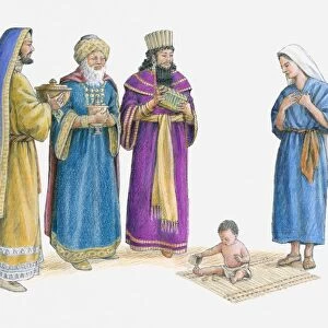 Illustration of the three wise men bearing gifts see Jesus in Marys house