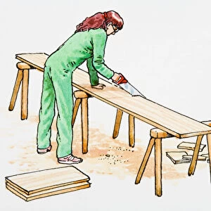 Illustration of woman bending over workbench sawing plank of wood