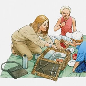 Illustration of woman and two children sitting on picnic blanket, boy taking a fruit from paper bag held by the woman