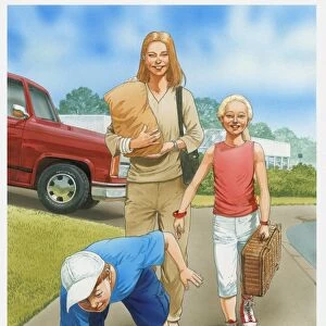 Illustration of woman and two children walking up a pavement, woman carrying brown paper bag, girl carrying suitcase, and boy picking up litter off the ground