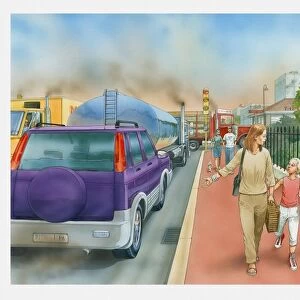 Illustration of woman and two children walking on pavement along street full of cars and trucks with fumes clouding the sky