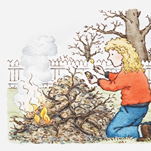 Illustration of woman lighting a bonfire