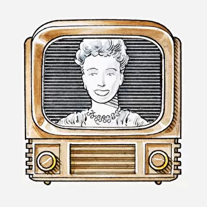 Illustration of a woman looking into camera on old-fashioned TV set