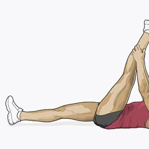 Illustration of woman lying on back holding leg in air in hamstring stretch