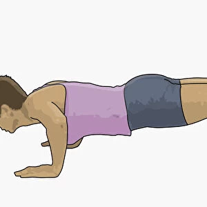 Illustration of woman performing press-ups with feet on large blue exercise ball