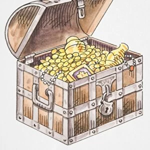 Illustration, wooden pirates chest with open lid revealing golden treasures inside