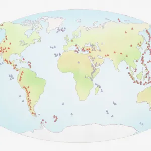 Illustration of world map showing sites of volcanic activity