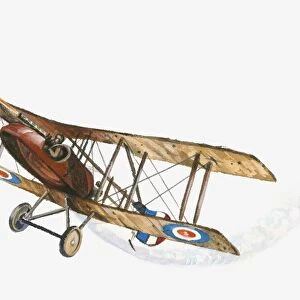 Illustration of World War One British pilot firing machine gun from Sopwith Camel aeroplane in mid-air