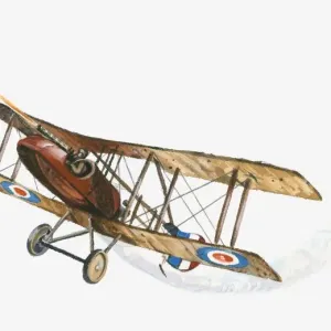 Illustration of World War One British pilot firing machine gun from Sopwith Camel aeroplane in mid-air