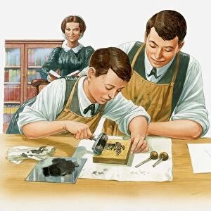Illustration of the Wright Brothers printing with woodcut printing block