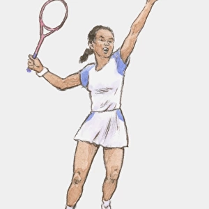 Illustration of young female tennis player preparing to serve ball