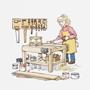 Illustration of a young woman sawing wood in a workshop