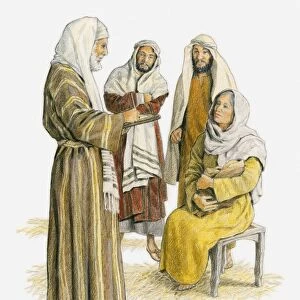 Illustration of Zechariah standing in front of a seated Elizabeth who is holding her baby, and writing on tablet because he is still unable to speak