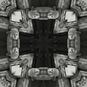 Impossible architectures: black and white kaleidoscopic image of Prudential Tower, a Warsaw skyscraper built between 1931 and 1934 in the Art Deco style