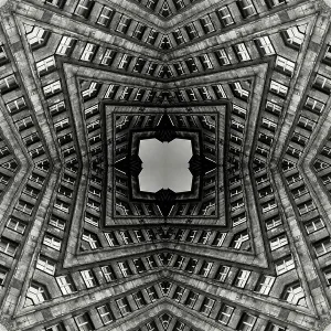 Impossible architectures: black and white kaleidoscopic image of Prudential Tower, a Warsaw skyscraper built between 1931 and 1934 in the Art Deco style