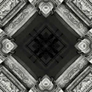 Impossible architectures: black and white kaleidoscopic image of Prudential Tower, a Warsaw skyscraper built between 1931 and 1934 in the Art Deco style