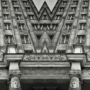 Impossible architectures: black and white kaleidoscopic image of Prudential Tower, a Warsaw skyscraper built between 1931 and 1934 in the Art Deco style