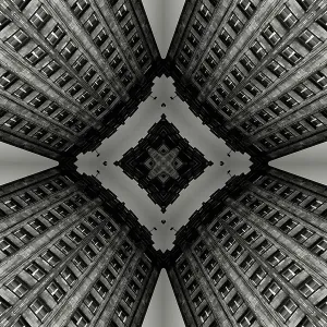 Impossible architectures: black and white kaleidoscopic image of Prudential Tower, a Warsaw skyscraper built between 1931 and 1934 in the Art Deco style