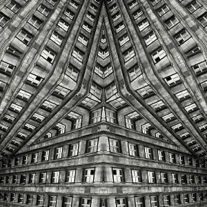 Impossible architectures: black and white kaleidoscopic image of Prudential Tower, a Warsaw skyscraper built between 1931 and 1934 in the Art Deco style