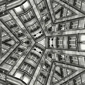 Impossible architectures: black and white kaleidoscopic image of Prudential Tower, a Warsaw skyscraper built between 1931 and 1934 in the Art Deco style