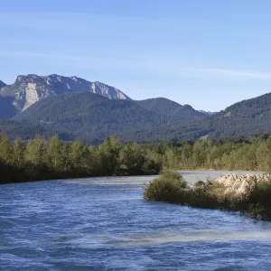 Isar River with the Benediktenwand Mountainlooking, view from Gaissach-Wiedmoos, Isarwinkel, Upper Bavaria, Bavaria, Germany, Europe Isar River with the Benediktenwand Mountainlooking, view from Gaissach-Wiedmoos, Isarwinkel, Upper Bavaria, Bavaria, Germany, Europe