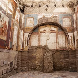 Italy, Campania, Ercolano, Old mural on walls of ruins of Herculaneum