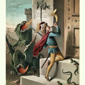 Jack the Giant Killer, Jack blowing the horn at the gaints door, Dragons, Fairy tale Jack the Giant Killer, Jack blowing the horn at the gaints door, Dragons, Fairy tale