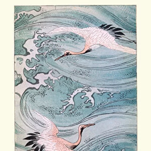 Japanese art, Storks Flying over water