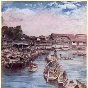 Japanese fishing village, boats, Art, Japan 19th Century