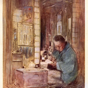Japanese man kneeling reading letter, Art, Japan 19th Century