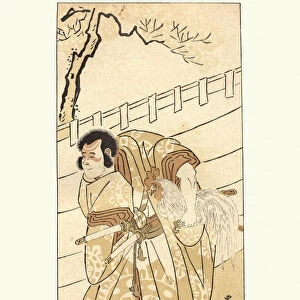Japanese samurai warrior carrying a cockrel