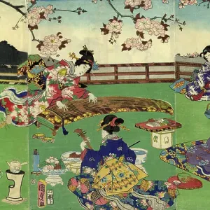Japanese Triptych Woodblock Cherry Blossom entertainment Japanese Triptych Woodblock Cherry Blossom entertainment