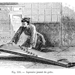 Japanese woman playing the koto engraving 1885