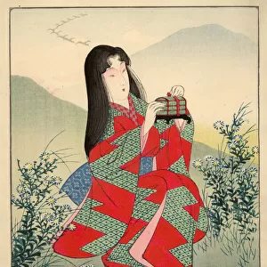 Japanese Woodblock of female in landscape