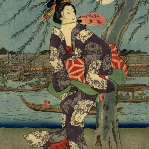 Japanese Woodblock Print Woman and the Moon