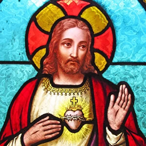 Jesus Christ depicted on an antique stained glass window
