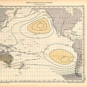 July and August Air Pressure Chart, Pacific Ocean, German Antique Victorian Engraving, 1896