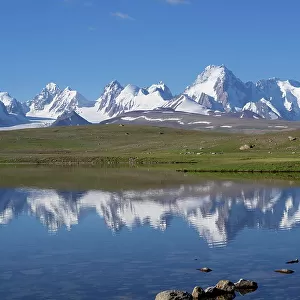 Kakshaal Too mountains reflecting in an alpine lake, Tian Shan mountain range near the Chinese border, Naryn Region, Kyrgyzstan