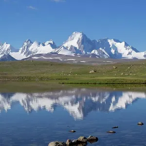 Kakshaal Too mountains reflecting in an alpine lake, Tian Shan mountain range near the Chinese border, Naryn Region, Kyrgyzstan Kakshaal Too mountains reflecting in an alpine lake, Tian Shan mountain range near the Chinese border, Naryn Region, Kyrgyzstan