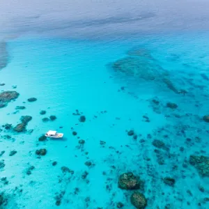 Kerama Islands National Park with clear tropical water and boat from above, Okinawa Kerama Islands National Park with clear tropical water and boat from above, Okinawa