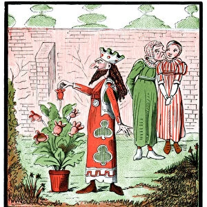 King picking flower buds (Victorian cartoon)