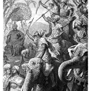 King Porus (?-317 BC) mustering his elephants before the battle